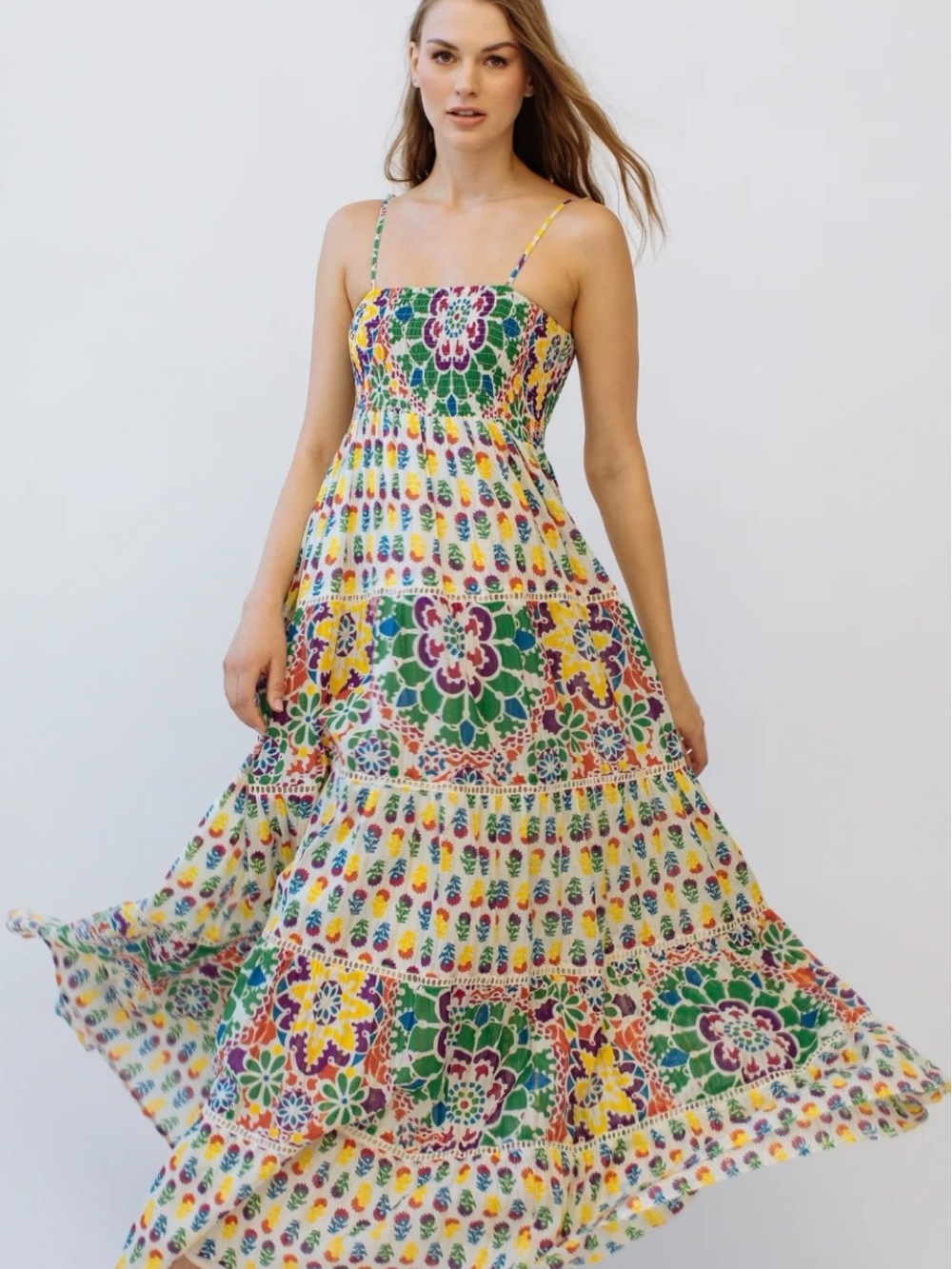 Guadalupe Dress Colorful Floral Tiered Maxi Dress - Green, Purple, Yellow
